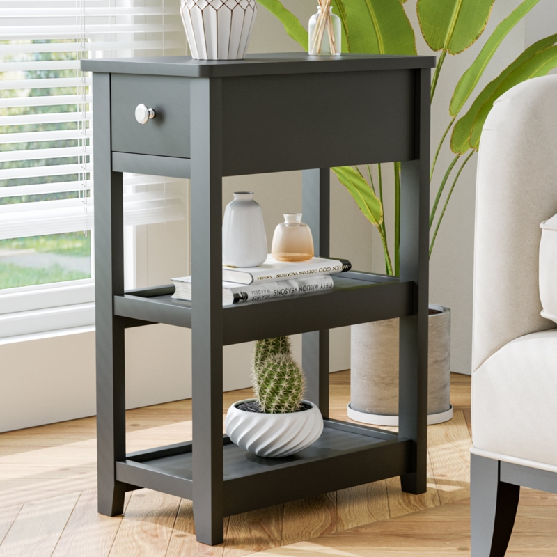 24'' Tall End Table, Narrow Side Table with Drawer and Shelve for Small Space