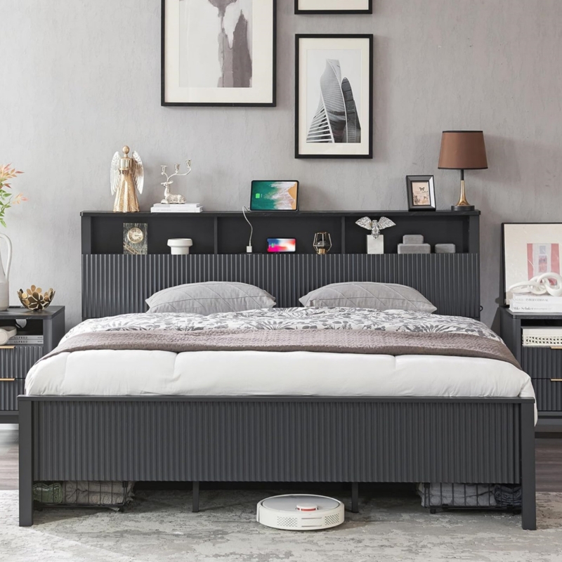 Alteo Fluted Panel Bed Frame With Charging Station&Storage Headboard, Wood Bed Frame With 4 Drawers