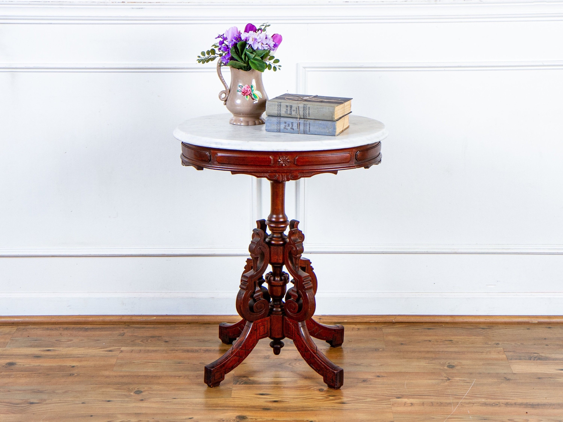 Antique Eastlake Carved Walnut Oval Marble Top Side Table