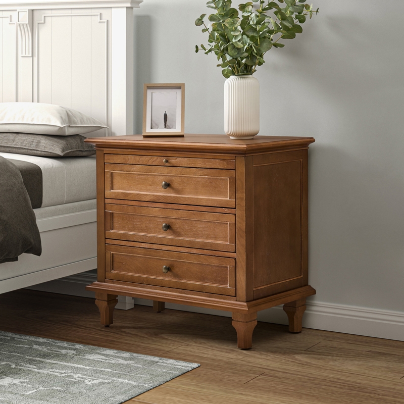 Arthelia 3-Drawers Nightstand with Built-in Charging station and Solid Wood Legs