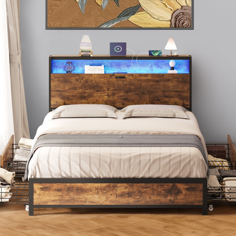 Aureana Golden Queen bookcase bed with headboard storage