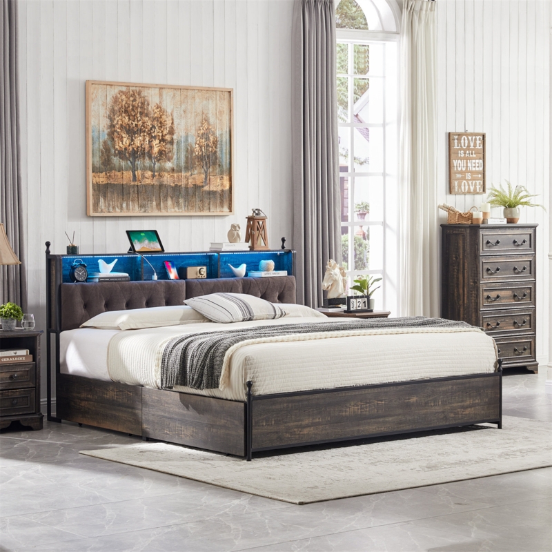 Bardhyle Upholstered Bed Frame with Charging Station and LED Lights, Metal Bed Frame with 4 Drawers