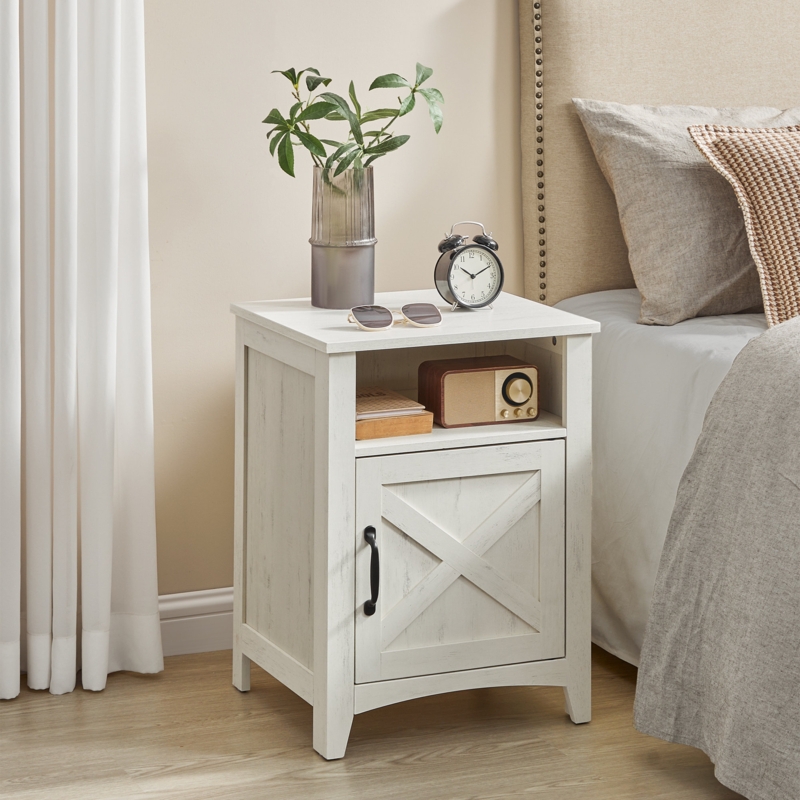 Bauman Farmhouse Nightstand, Bedside Table with a Cabinet and Open Compartment