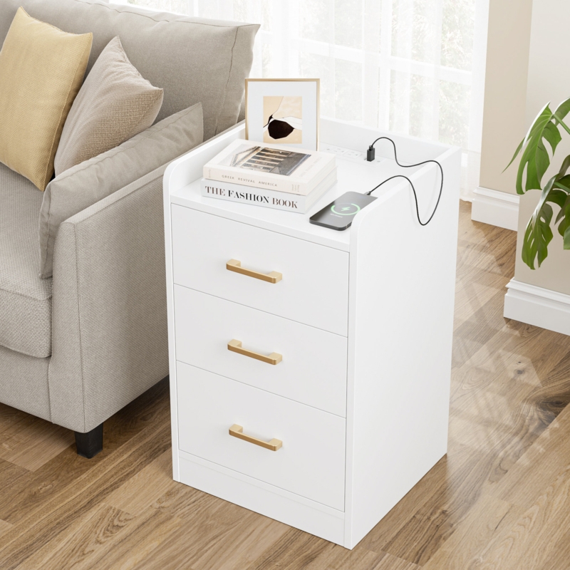 Bettylee White Nightstand with Charging Station, 3 Drawer Nightstand