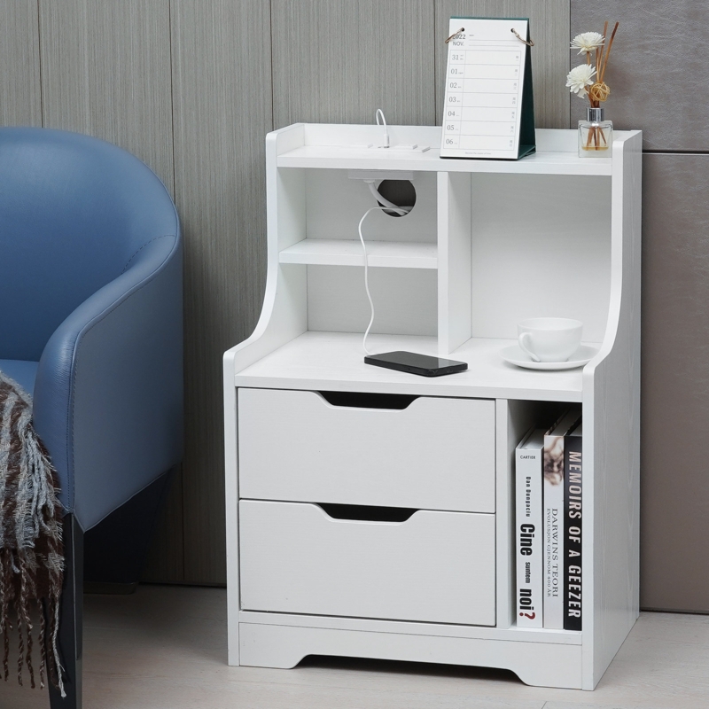 Brackett Plug-In Wood End Table with Storage Shelf 2 Drawers Nightstand Side Table Cabinet Bedside Furniture