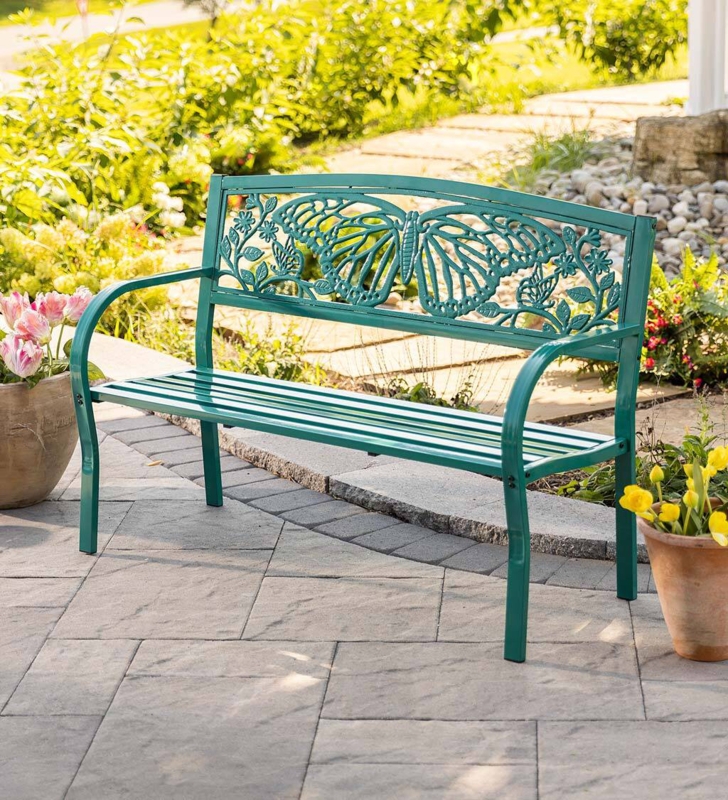 Butterfly Teal Iron Outdoor Garden Bench