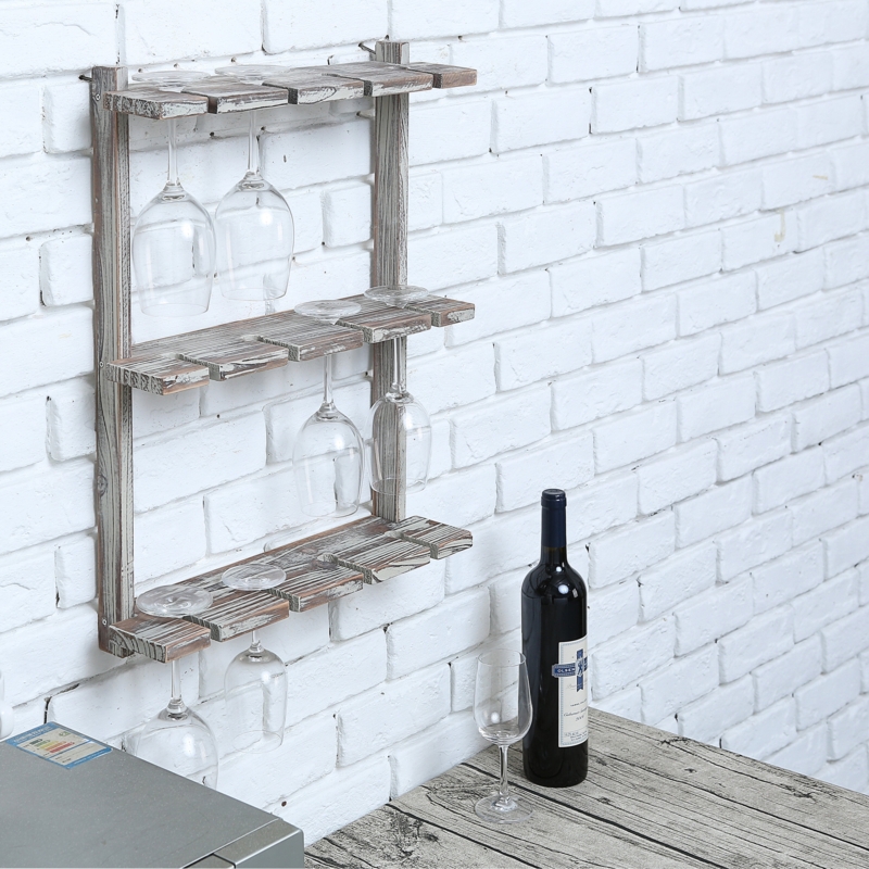Catton Solid Wood Wall Mounted Wine Glass Rack in Brown