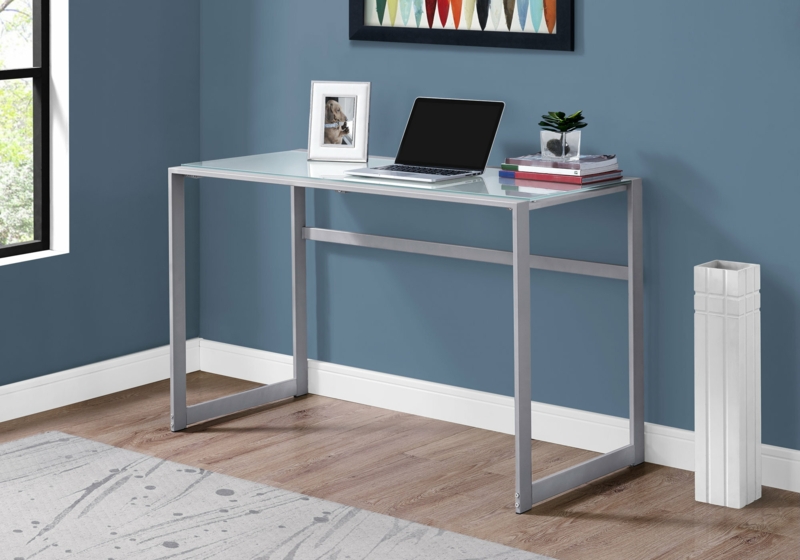 Computer Desk, Home Office, Laptop, 48"L, Work, Metal, Tempered Glass, Grey, Contemporary, Modern