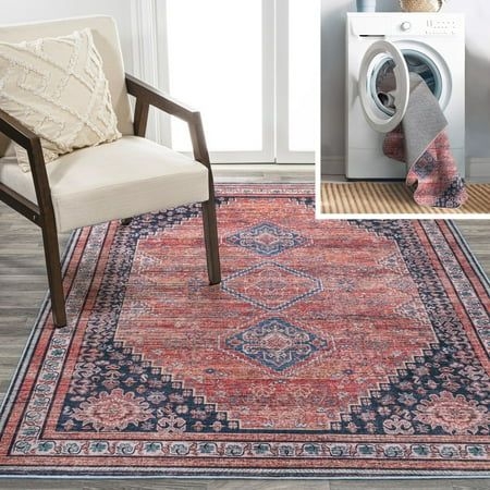 Dalyan Geometric Medallions Washable Terra/Navy 8 ft. x 10 ft. Area Rug, Size:8 x 10, Red