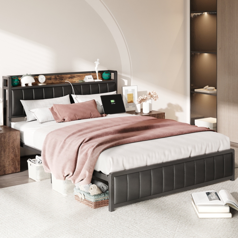 Dontez Upholstered Metal Bookcase Bed