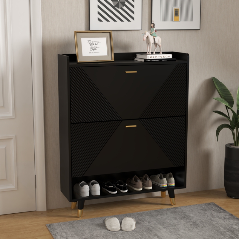 Entrance Shoe Storage Closet,Black Shoe Rack,2 Drawer Entrance Vertical Shoe Storage Cupboard