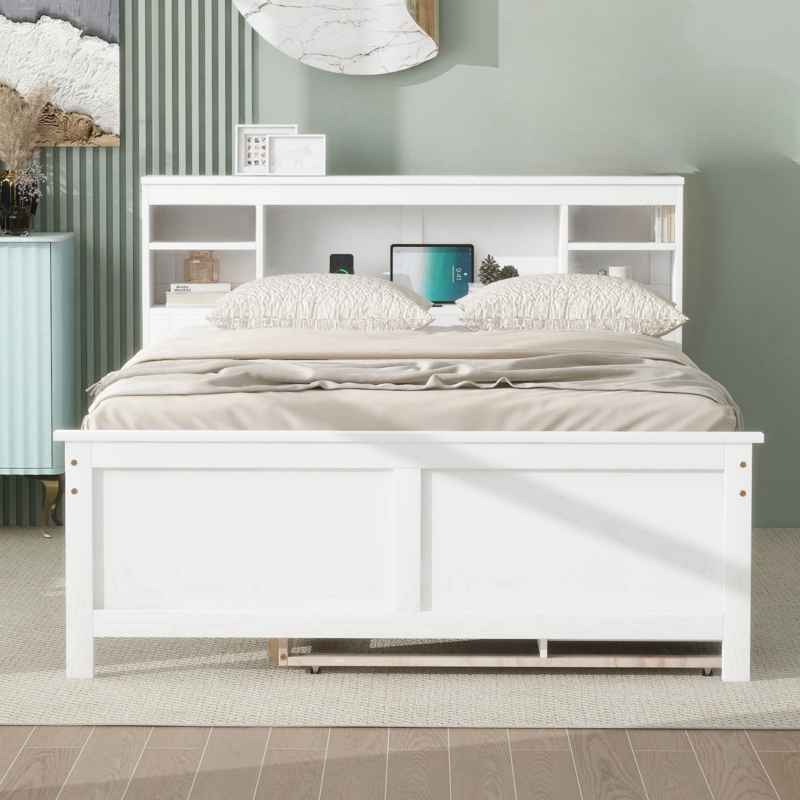 Full Size Platform Bed with Storage Headboard, USB, Twin Size Trundle and 3 Drawers