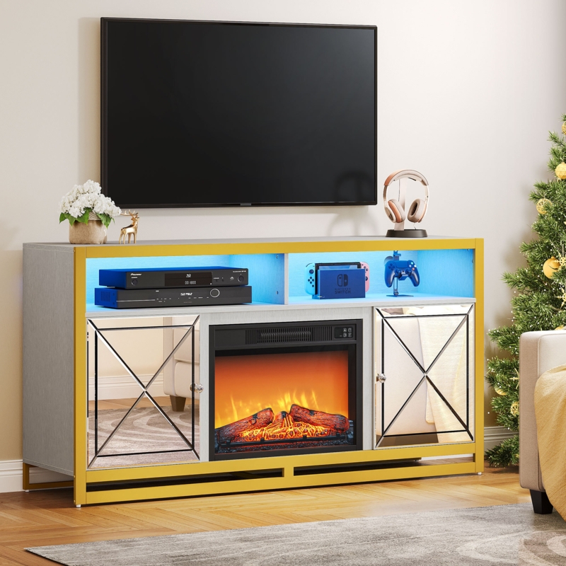 Hadasha 47" LED Media Console Mirrored TV Stand with Electric Fireplace