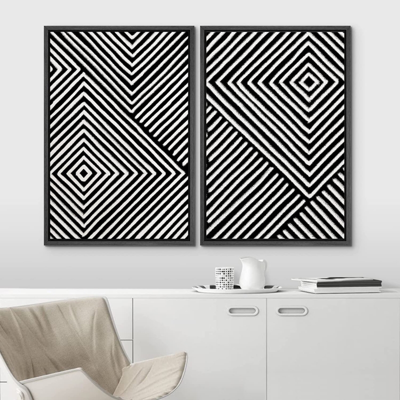 IDEA4WALL Framed Wall Art Print Set 3D Illusion Effect Black And White Diamond Collage Abstract Shapes Illustrations Modern Contemporary For Living Room, Bedroom, Office