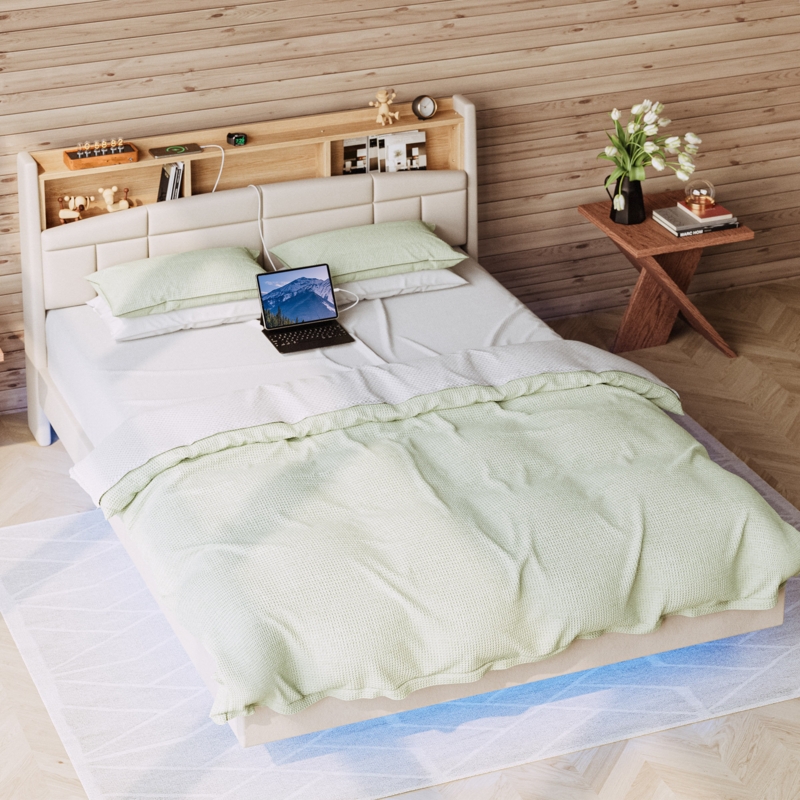 Isabeya Floating Bed Frame with Tall Bookcase Headboard and Charging Station