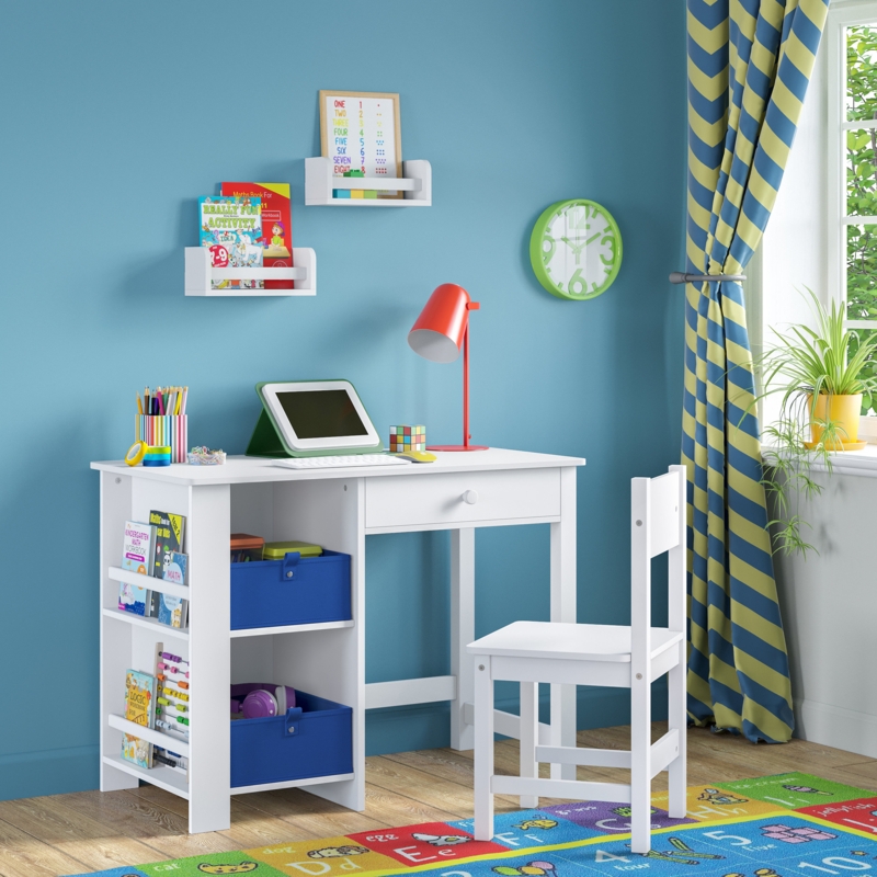 Kids Desk and Chair Set with Cubbies, Bookracks and 2 Bonus 10" Floating Bookshelves - White