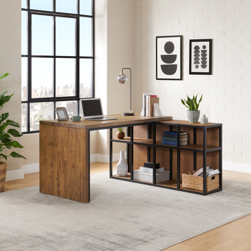 Lloyd 55" Wide Rustic Industrial Metal Frame L-Shaped Credenza Desk With Storage