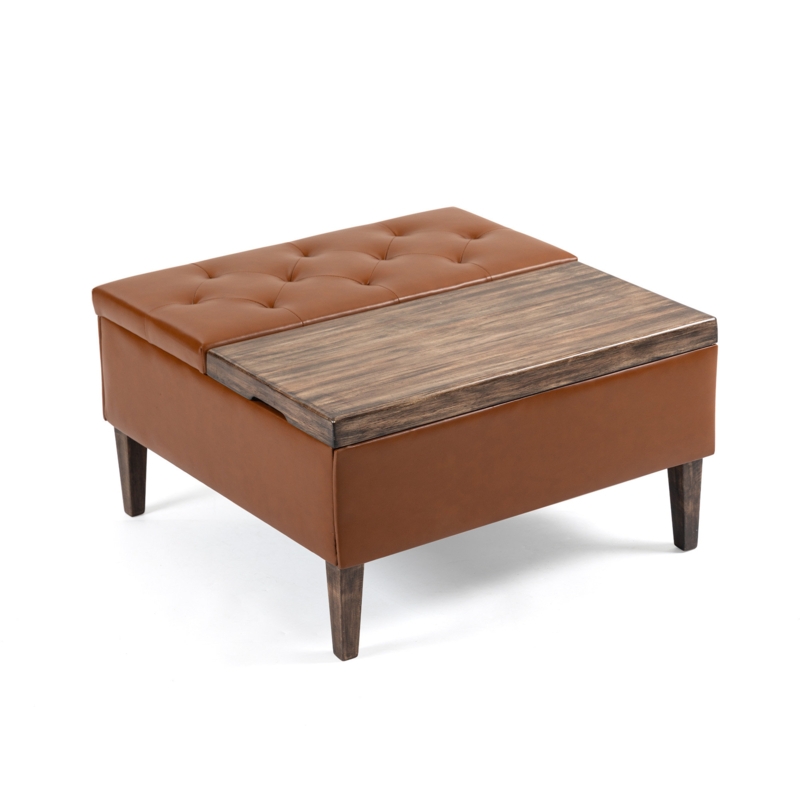 Marcelles 31.5" Solid Wood Faux Leather Square Storage Ottoman