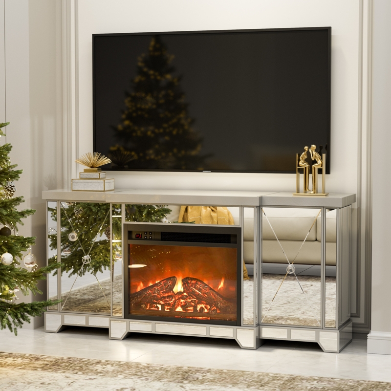Merrissa Mirrored TV Stand for TVs up to 70" with Electric Fireplace Included
