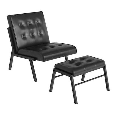 mieres Mid-Century Style Black Faux Leather Upholstered Lounge Chair Set, 23.6'' Wide Tufted Accent Side Chair with Ottoman