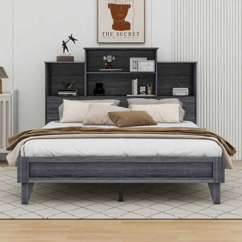 Platform Bed Frame with 4 Open Shelves and USB Charging Design