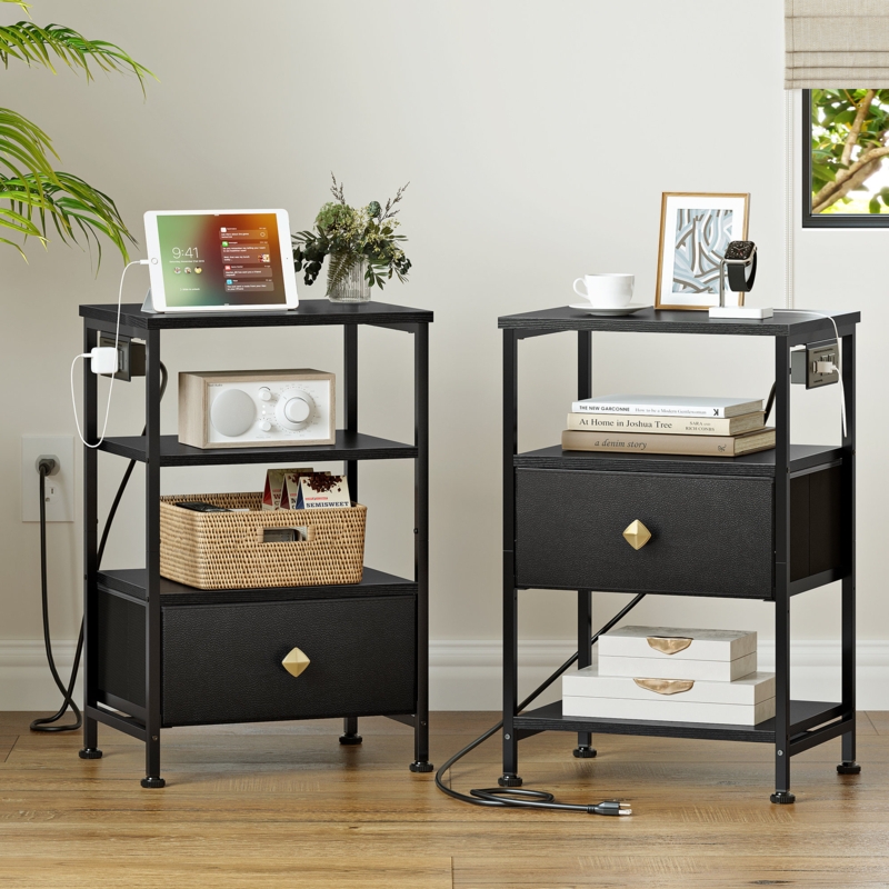 Pouyan Nightstand with Drawer u0026 Outlets, Modern Bedside Table with 4 Changeable structures