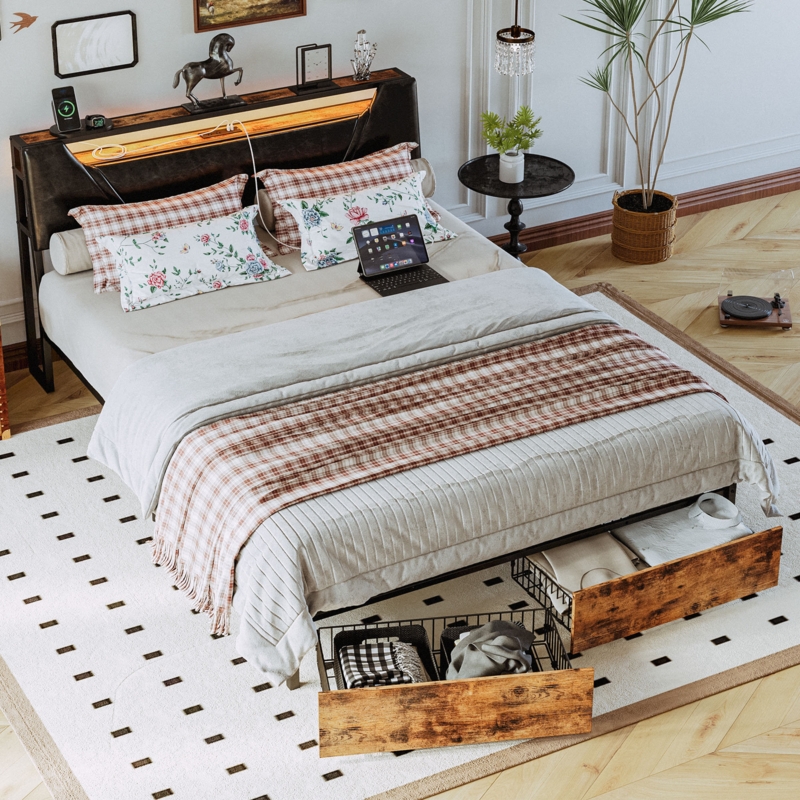 Raul Bed Frame with Drawers, Ergonomic Storage Headboard with Charging Station