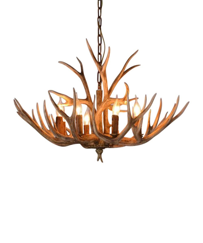 Rokas 6 Light Pendant Lamp Rustic Deer Horn Antler Chandelier Resin Ceiling Fixtures Brown
