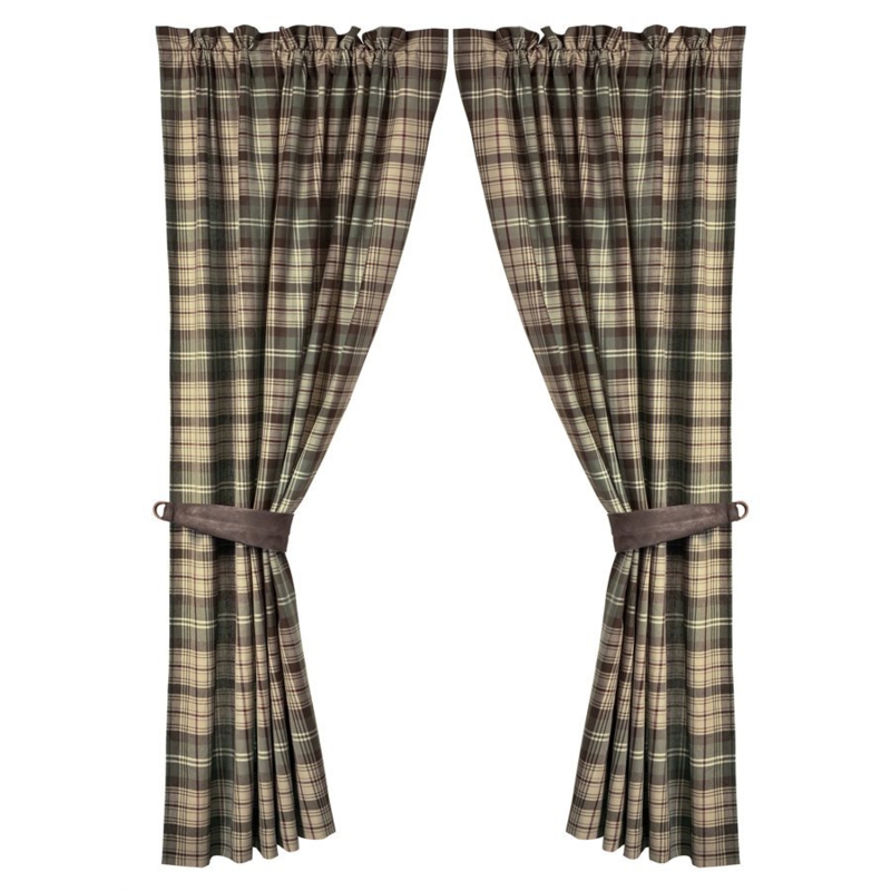 Runyon Cream Green Brown Plaid Western Lodge Piece Window Curtain Rod Pocket 48x84 inch