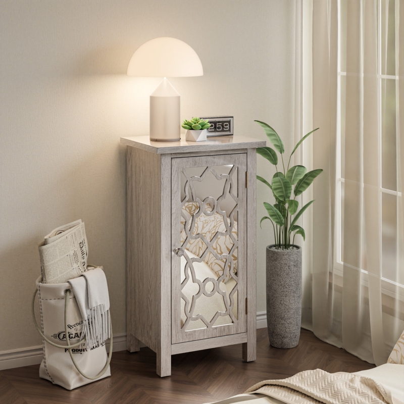 SXOVE Modern Farmhouse Nightstand with Mirror Front, 2 Shelves, Retro Tall Cabinet End Table, Light Gray