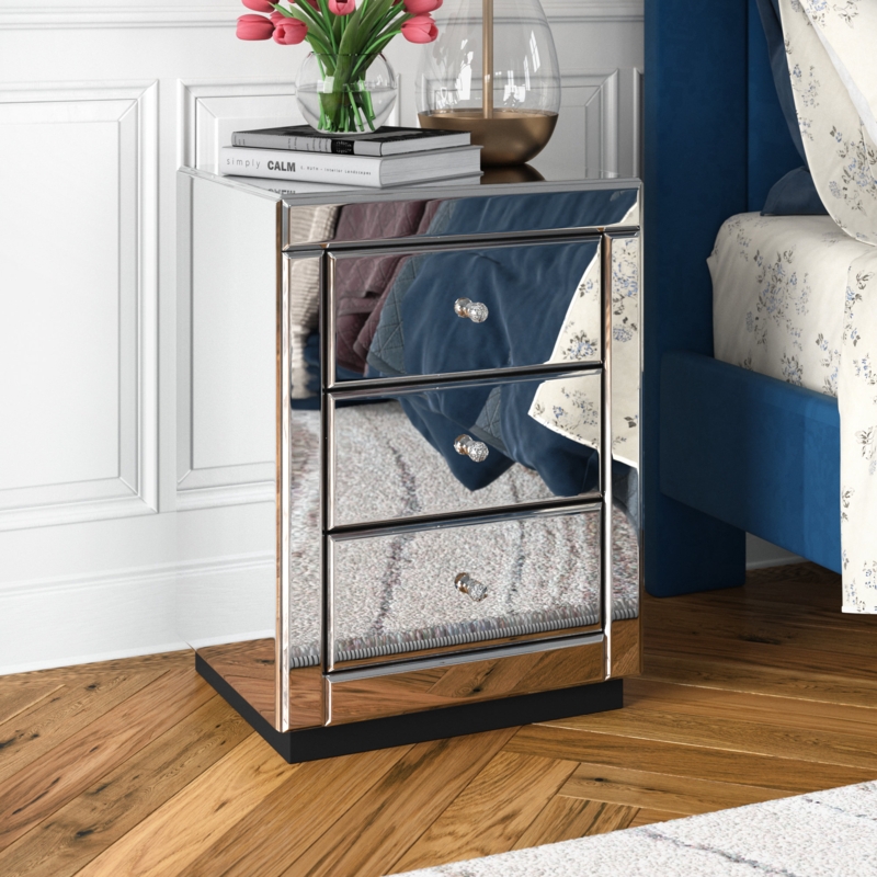 Toby Mirrored 3 Drawer Nightstand Modern Design Bedside Table