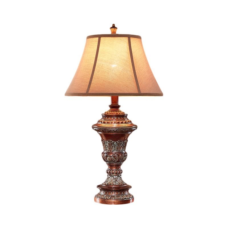 Vintage Style Bell Shade Nightstand Lamp 1 Bulb Fabric Desk Light in Red Brown with Urn-Shaped Base, 25/29.5 H - Red Brown / 25