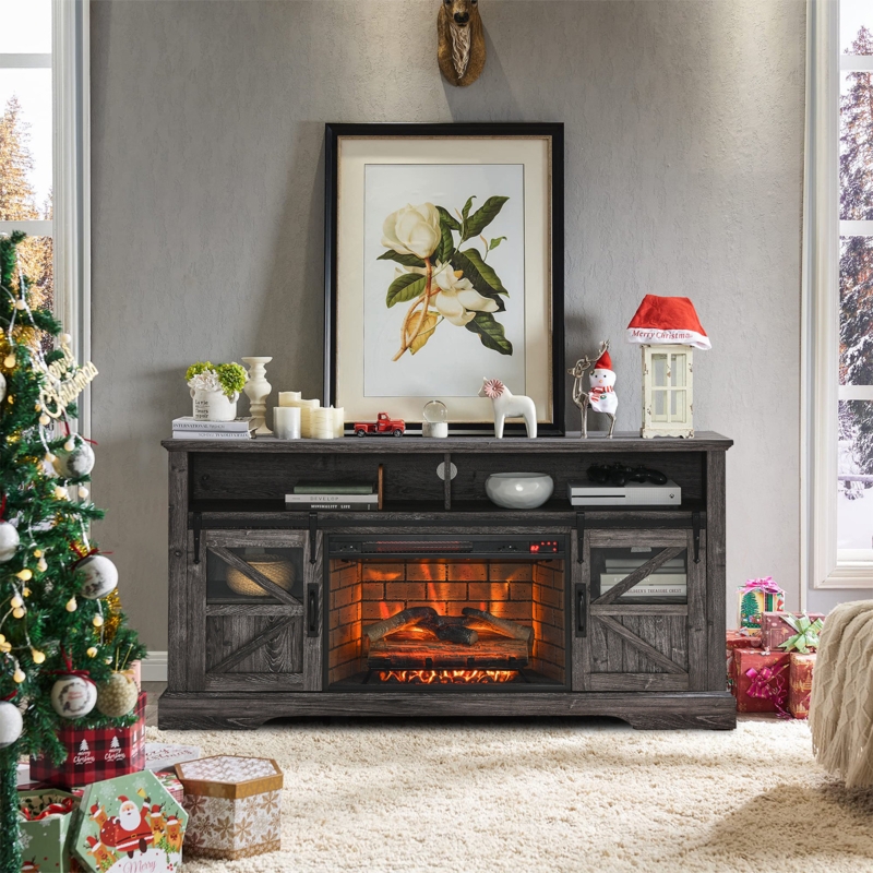 Wilsie 60"W Fireplace TV Stand with Sliding Barn Door, Farmhouse Storage Console for TVs Up to 65''