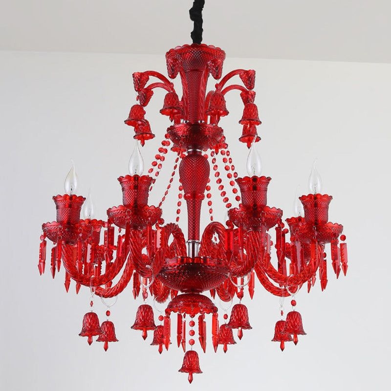 8 Lights Crystal Hanging Lamp Traditional Red/Blue/Purple Candelabra Living Room Chandelier Light - Red