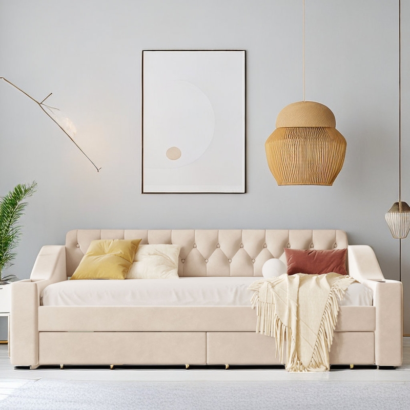 Ayled Twin Size Velvet Daybed with Storage Armrests and USB Port
