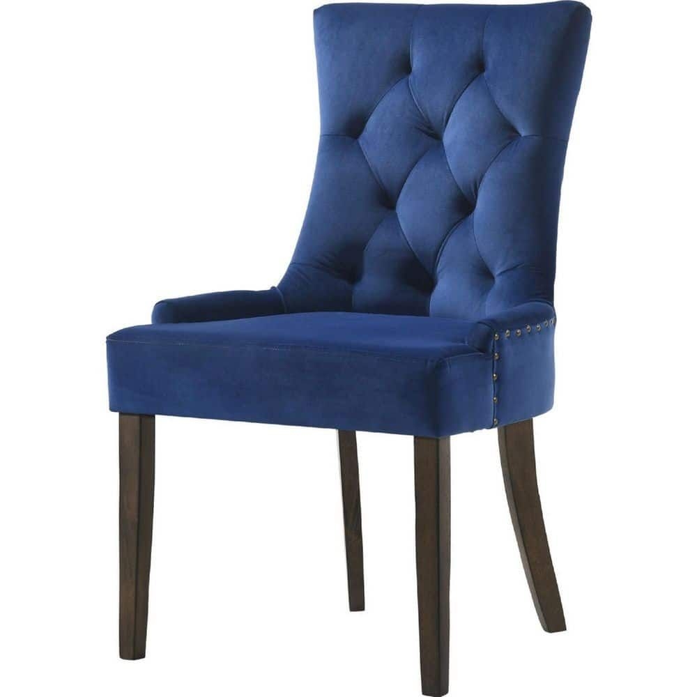 Benjara Dark Blue Solid Wood Tufted Velvet Dining Chair (Set of 2), Blue and Brown