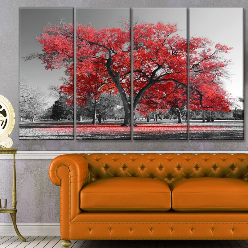 'Big Red Tree on Foggy Day' Photographic Print Multi-Piece Image on Canvas