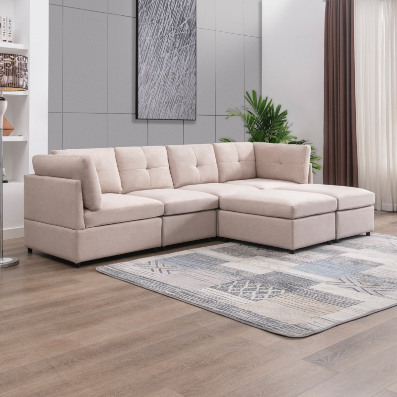 Burmah Latitude Run Modern U Shaped Convertible Sofa Couch, Modular Sectional Sofa With Tufted Back Cushion, 6 Seat Oversized Sectionals Sofa Couch With Ottomans For Living Room