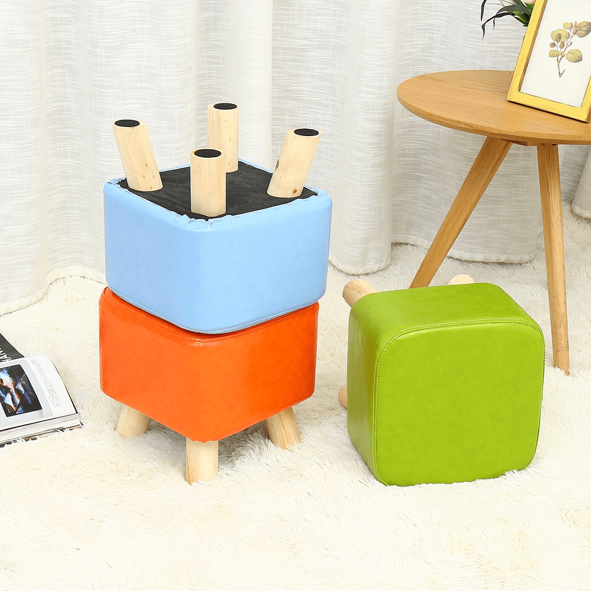 Cartoon PU Stool Wooden Legs Family Living Room round Stool Creative Leisure Sofa Small Bench Home Supplies - Blue / Rectangle