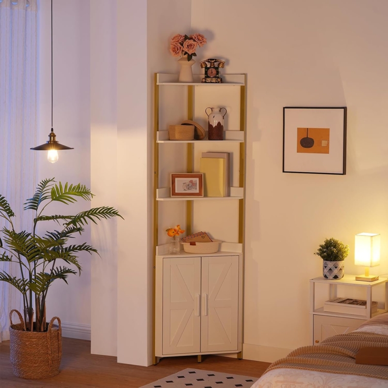 Corner Shelf With Storage, Tall Corner Storage Cabinet, 5-Tier Corner Bookshelf Stand, Freestanding Corner Bookshelf With Protective Fence, For Living Room, White And Gold