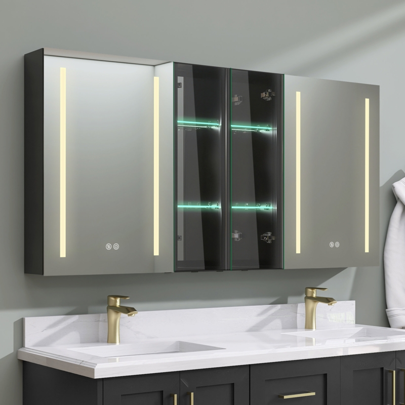 Crina 60'' W 30'' H Aluminum Surface Mount Frameless Medicine Cabinet with 8 Shelves and Lighting