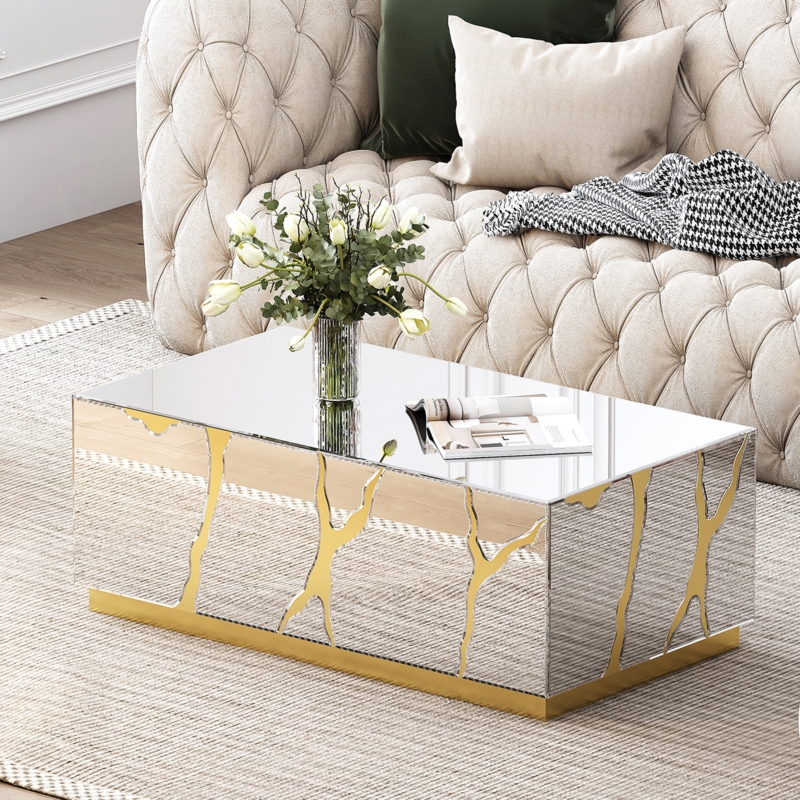 Dalee 39''W Mirrored Block Glass Rectangle Coffee Table With Unique Crackle Design