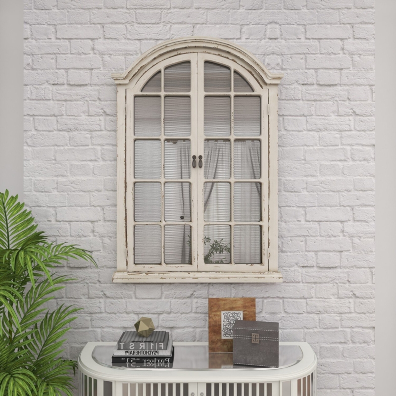 Edmondson Cream Wood Window Panes Inspired Wall Mirror w/ Arched Top and Distressing