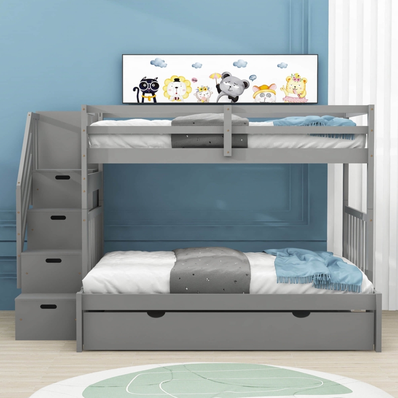 Elaijah 4 Drawers Twin over Twin/Full Wood Bunk Bed with Trundle and Shelves