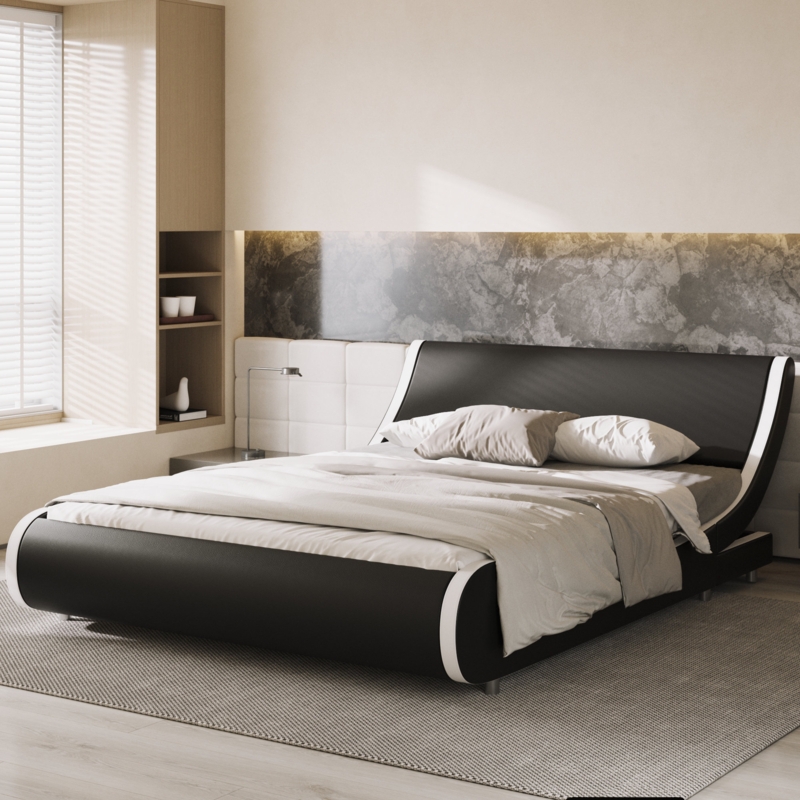 Grau Faux Leather Platform Upholstered Sleigh Bed