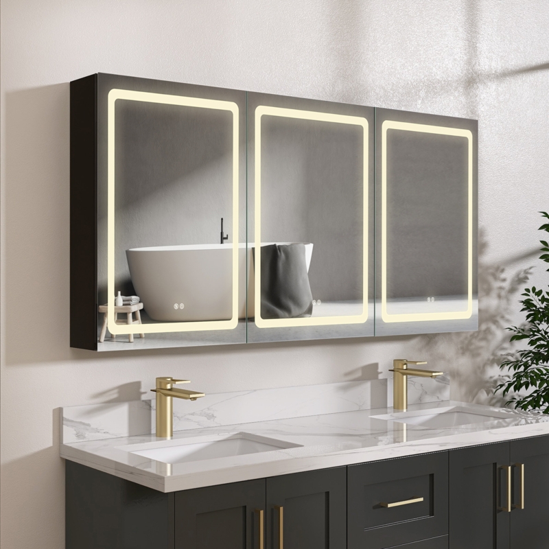 Heidelberg Surface Mount Frameless 3 Door Medicine Cabinet with 9 Adjustable Shelves and Lighting