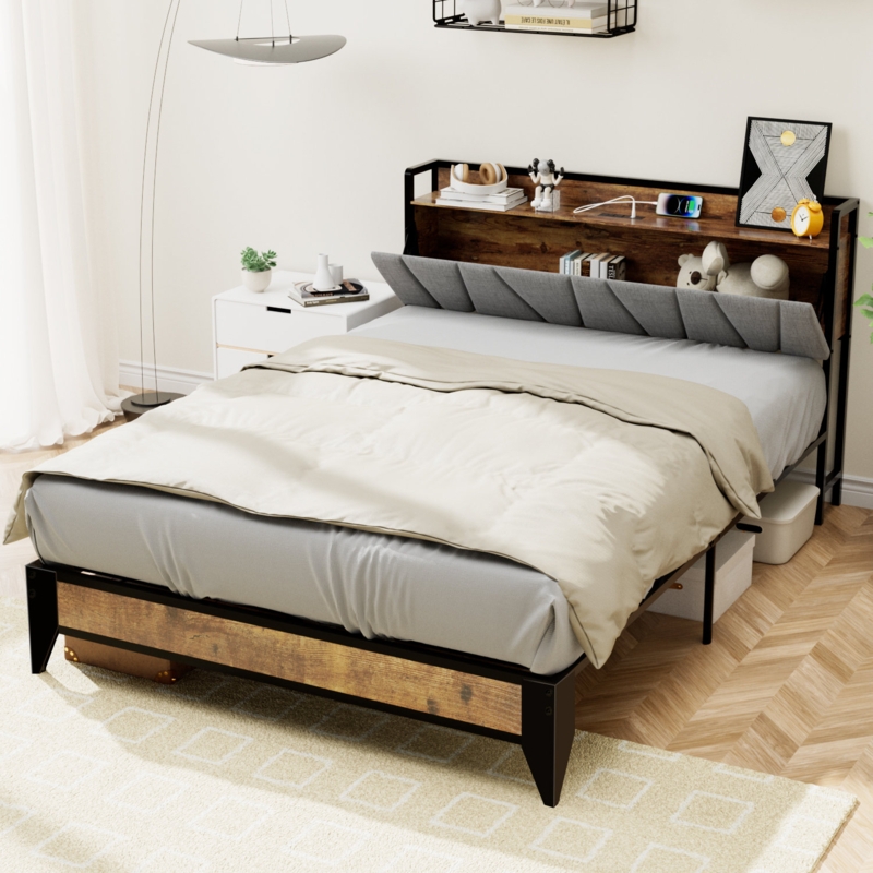 Jarl Upholstered Bed with Headboard Hidden Cabinet