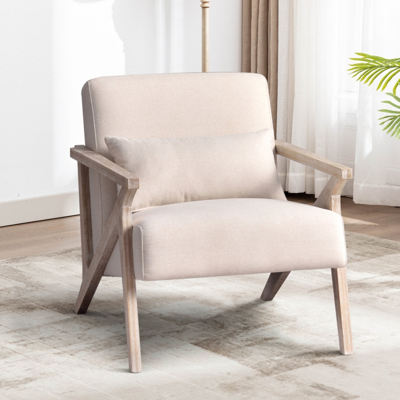 Joesy 34" Wide Upholstered Linen Blend Accent Chair with Wooden Legs and One Pillow