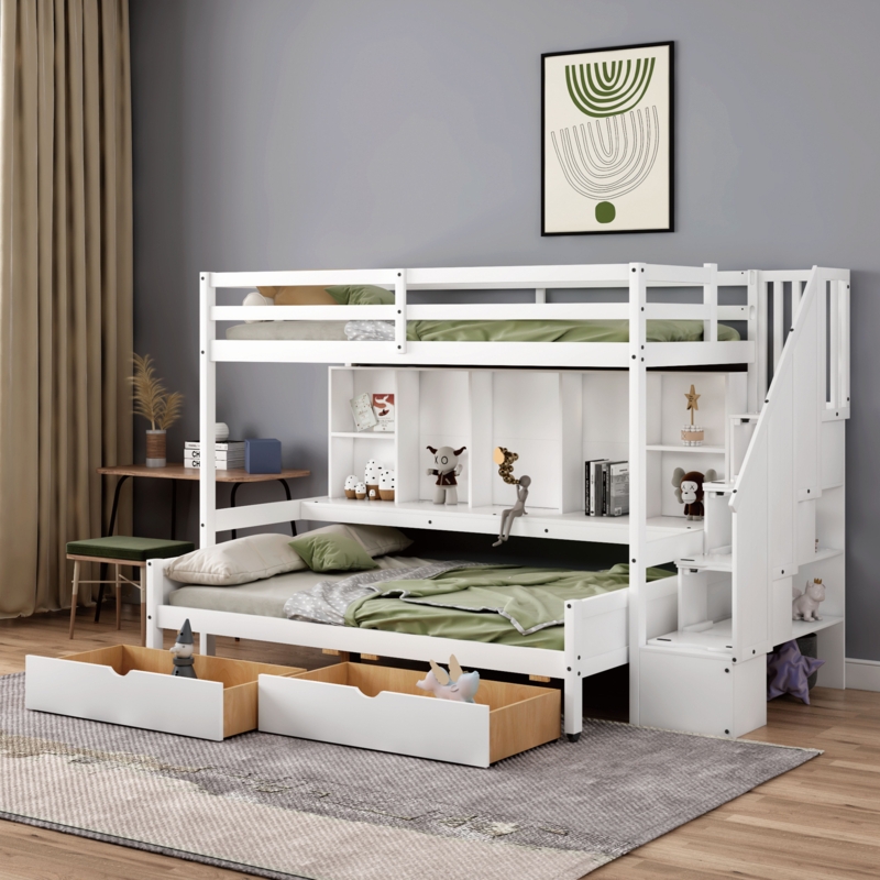Kids Twin Extra Long Over Full Bunk Bed with Drawers