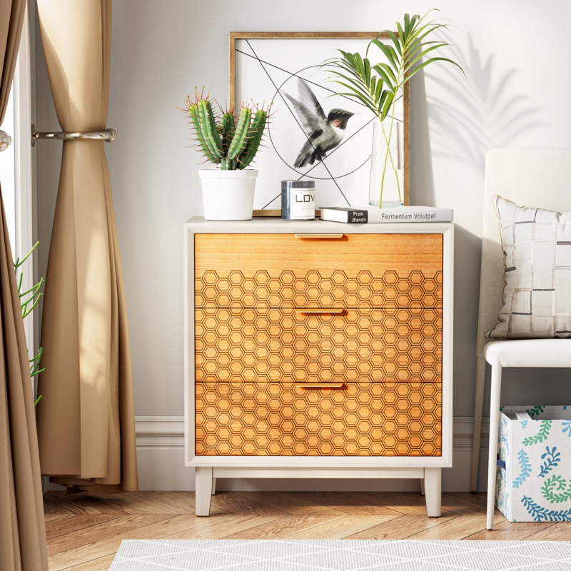 Kingo 3-Drawer Dresser Farmhouse Chests of Drawers Modern Accent Wood Nightstand